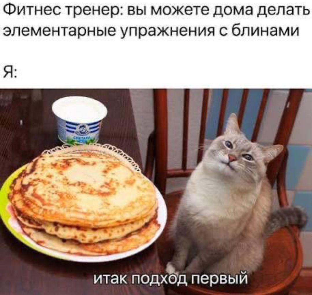 Фитнес тренер: вы можете дома делать элементарные упражнения с блинами. Я: итак подход первый