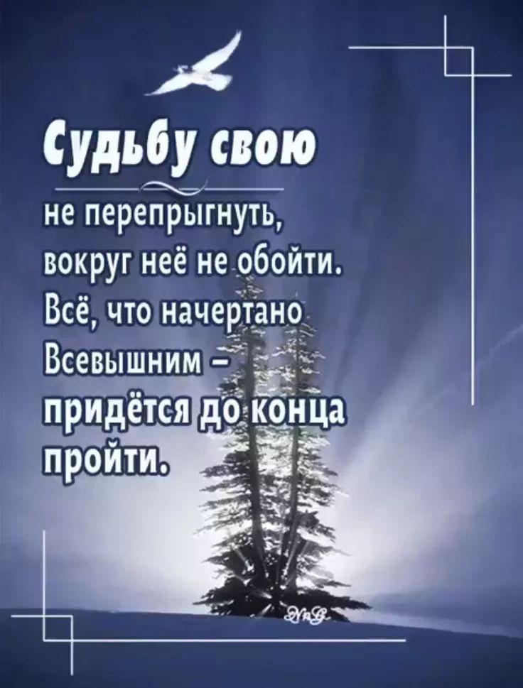 Судьбу свою не перепрыгнуть, вокруг неё не обойти. Всё, что начертано Всевышним – придётся до конца пройти.
