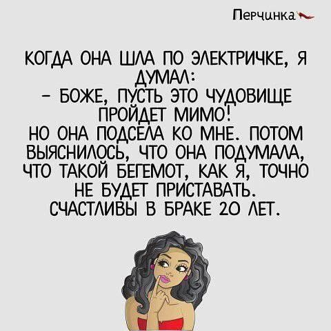 Перчинка. КОГДА ОНА ШЛА ПО ЭЛЕКТРИЧКЕ, Я ДУМАЛ: - БОЖЕ, ПУСТЬ ЭТО ЧУДОВИЩЕ ПРОЙДЕТ МИМО! НО ОНА ПОДСЕЛА КО МНЕ. ПОТОМ ВЫЯСНИЛОСЬ, ЧТО ОНА ПОДУМАЛА, ЧТО ТАКОЙ БЕГЕМОТ, КАК Я, ТОЧНО НЕ БУДЕТ ПРИСТАВАТЬ. СЧАСТЛИВЫ В БРАКЕ 20 ЛЕТ.