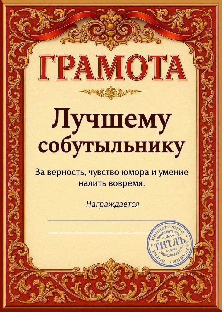 ГРАМОТА Лучшему собутыльнику За верность, чувство юмора и умение налить вовремя. Награждается...