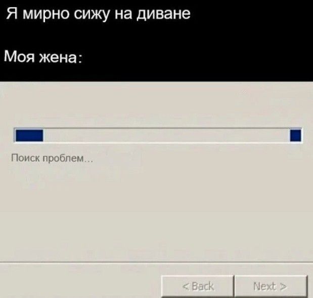 Я мирно сижу на диване Моя жена: Поиск проблем... < Back Next >