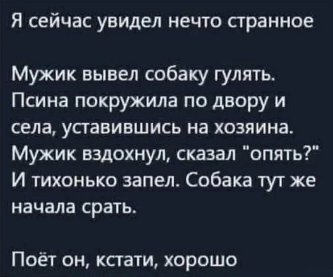 Я сейчас увидел нечто странное
Мужик вывел собаку гулять.
Псина покружила по двору и
села, уставившись на хозяина.
Мужик вздохнул, сказал 