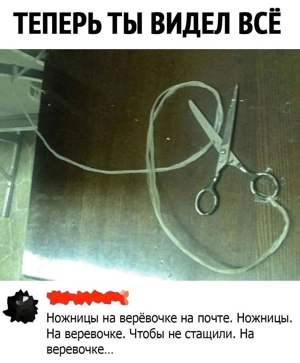 ТЕПЕРЬ ТЫ ВИДЕЛ ВСЁ
Ножницы на верёвочке на почте. Ножницы. На верёвочке. Чтобы не стащили. На верёвочке...