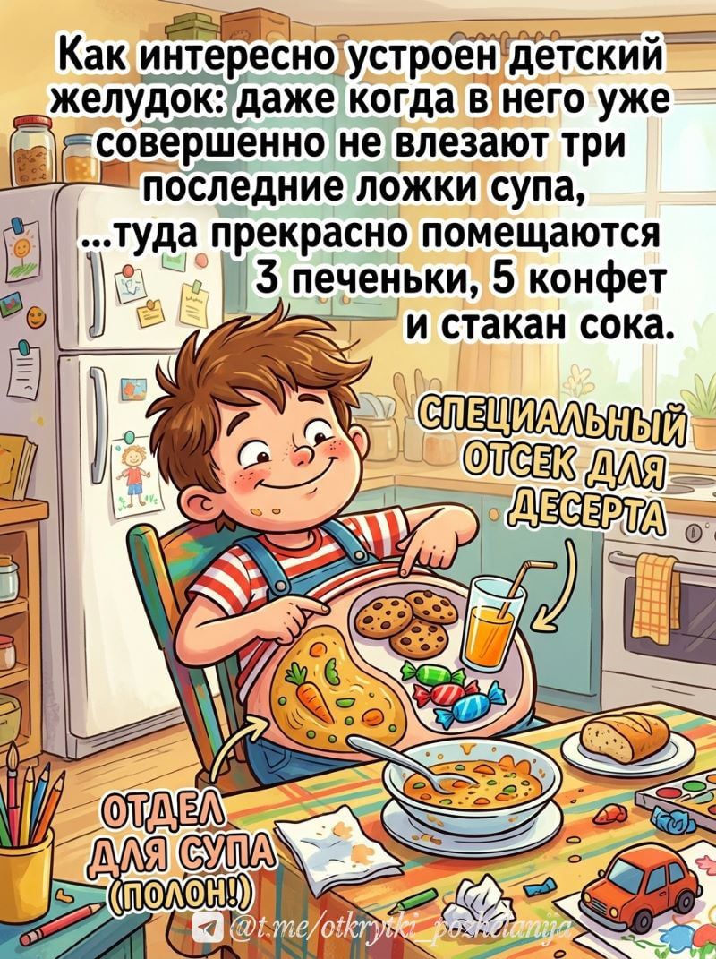 Как интересно устроен детский желудок: даже когда в него уже совершенно не влезают три последние ложки супа, ...туда прекрасно помещаются 3 печеньки, 5 конфет и стакан сока. СПЕЦИАЛЬНЫЙ ОТСЕК ДЛЯ ДЕСЕРТА. ОТДЕЛ ДЛЯ СУПА (ПОЛОН!) @t.me/otkrytki_pozhelaniya