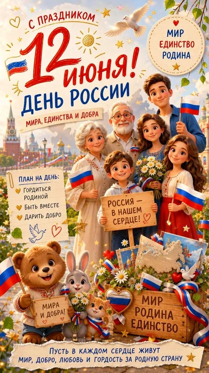 С ПРАЗДНИКОМ 12 ИЮНЯ! ДЕНЬ РОССИИ МИРА, ЕДИНСТВА И ДОБРА МИР ЕДИНСТВО РОДИНА ПЛАН НА ДЕНЬ: ГОРДИТЬСЯ РОДИНОЙ БЫТЬ ВМЕСТЕ ДАРИТЬ ДОБРО РОССИЯ – В НАШЕМ СЕРДЦЕ! МИРА И ДОБРА! МИР РОДИНА ЕДИНСТВО ПУСТЬ В КАЖДОМ СЕРДЦЕ ЖИВУТ МИР, ДОБРО, ЛЮБОВЬ И ГОРДОСТЬ ЗА РОДНУЮ СТРАНУ