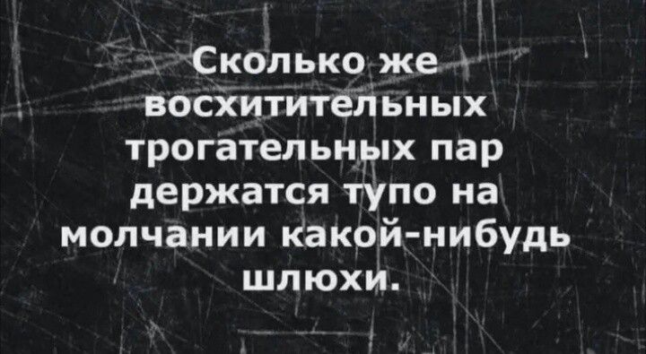 Сколько же восхитительных трогательных пар держатся тупо на молчании какой-нибудь шлюхи.