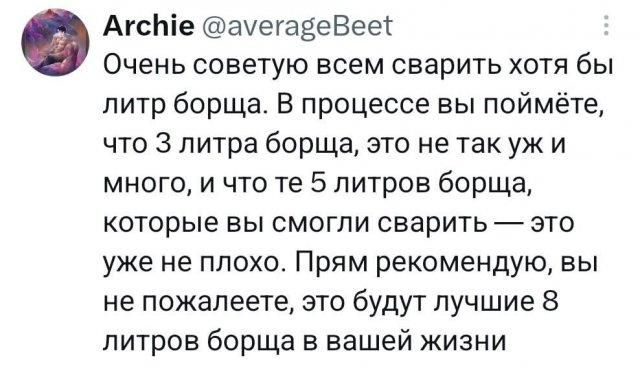 Archie @averageBeet Очень советую всем сварить хотя бы литр борща. В процессе вы поймёте, что 3 литра борща, это не так уж и много, и что те 5 литров борща, которые вы смогли сварить — это уже не плохо. Прям рекомендую, вы не пожалеете, это будут лучшие 8 литров борща в вашей жизни