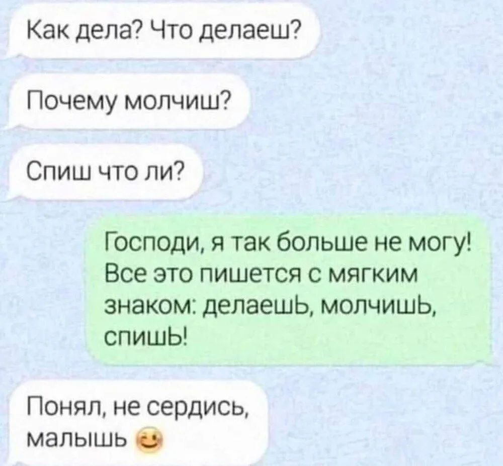 Как дела? Что делаешь? Почему молчишь? Спишь что ли? Господи, я так больше не могу! Все это пишется с мягким знаком: делаешь, молчишь, спишь! Понял, не сердись, малышь 😉