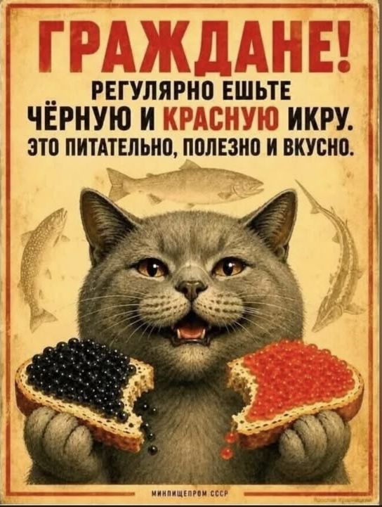 ГРАЖДАНЕ! РЕГУЛЯРНО ЕШЬТЕ ЧЁРНУЮ И КРАСНУЮ ИКРУ. ЭТО ПИТАТЕЛЬНО, ПОЛЕЗНО И ВКУСНО. МИНИПИЩЕПРОМ СССР