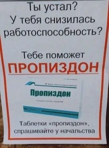 Ты устал? У тебя снизилась работоспособность? Тебе поможет ПРОПИЗДОН. Пропиздон. Таблетки «пропиздон», спрашивайте у начальства.