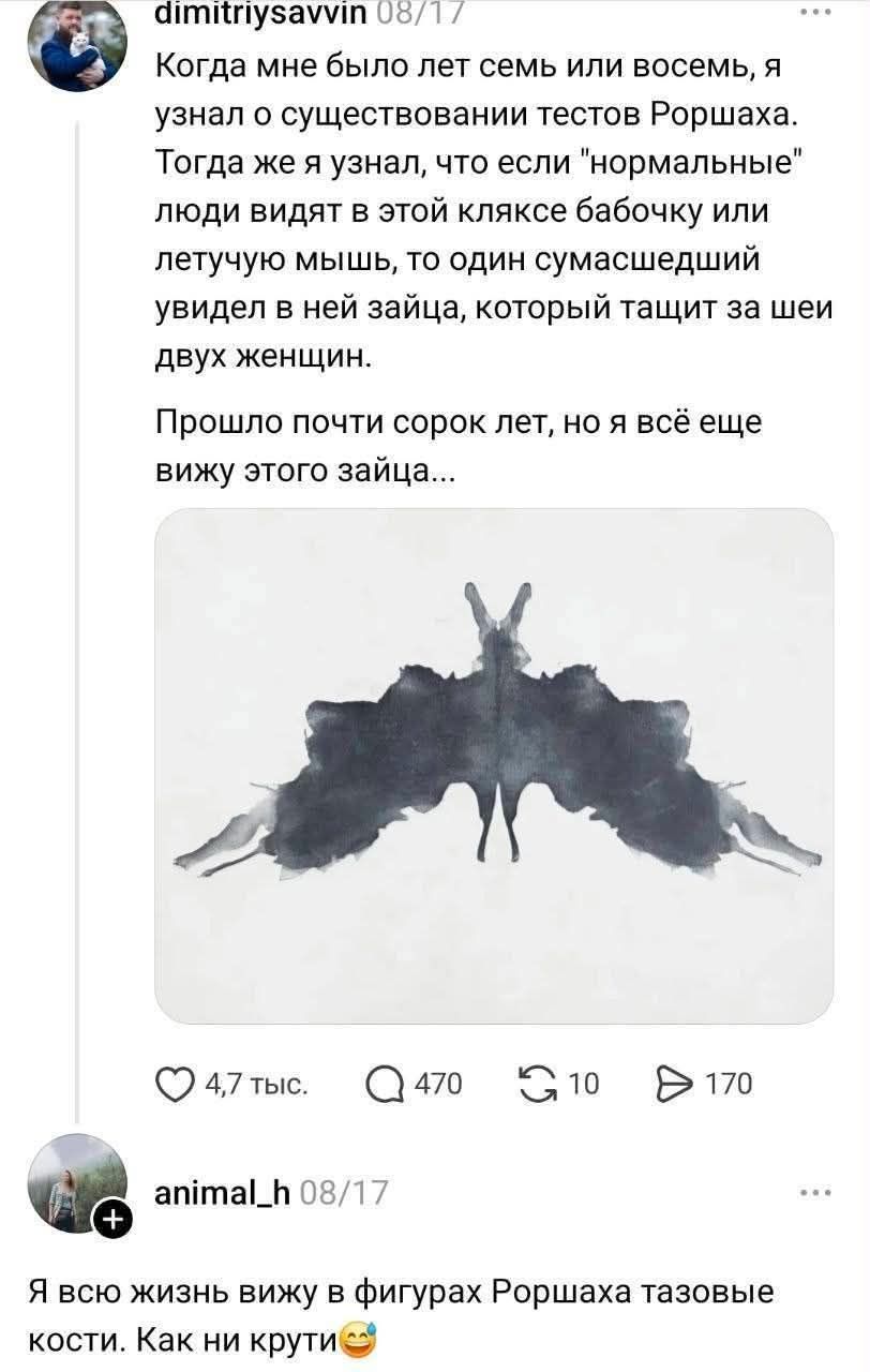 Когда мне было лет семь или восемь, я узнал о существовании тестов Роршаха. Тогда же я узнал, что если нормальные люди видят в этой кляксе бабочку или летучую мышь, то один сумасшедший увидел в ней зайца, который тащит за шеи двух женщин. Прошло почти сорок лет, но я всё еще вижу этого зайца... Я всю жизнь вижу в фигурах Роршаха тазовые кости. Как