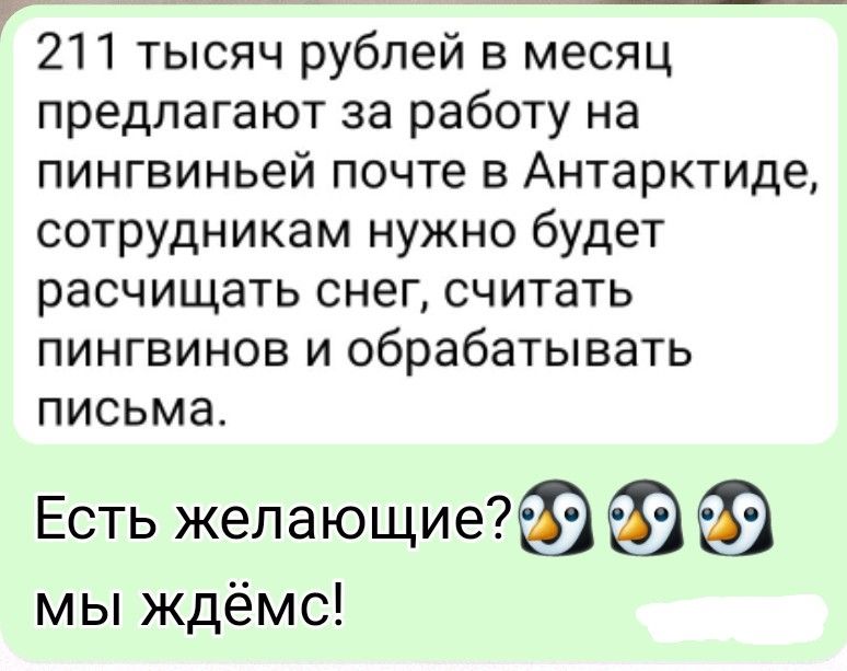 211 тысяч рублей в месяц предлагают за работу на пингвиньей почте в Антарктиде, сотрудникам нужно будет расчищать снег, считать пингвинов и обрабатывать письма. Есть желающие? мы ждёмс!