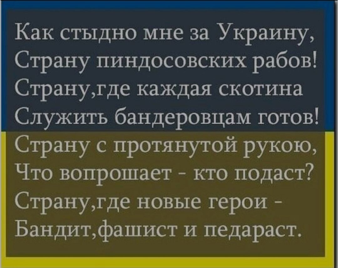 Как стыдно мне за Украину, Страну пиндосовских рабов! Страну, где каждая скотина Служить бандеровцам готов! Страну с протянутой рукою, Что вопрошает - кто подаст? Страну, где новые герои - Бандит, фашист и педараст.
