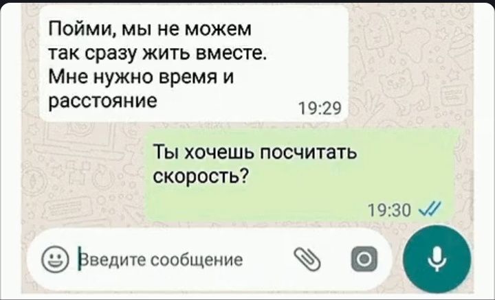 Пойми, мы не можем так сразу жить вместе. Мне нужно время и расстояние. Ты хочешь посчитать скорость?