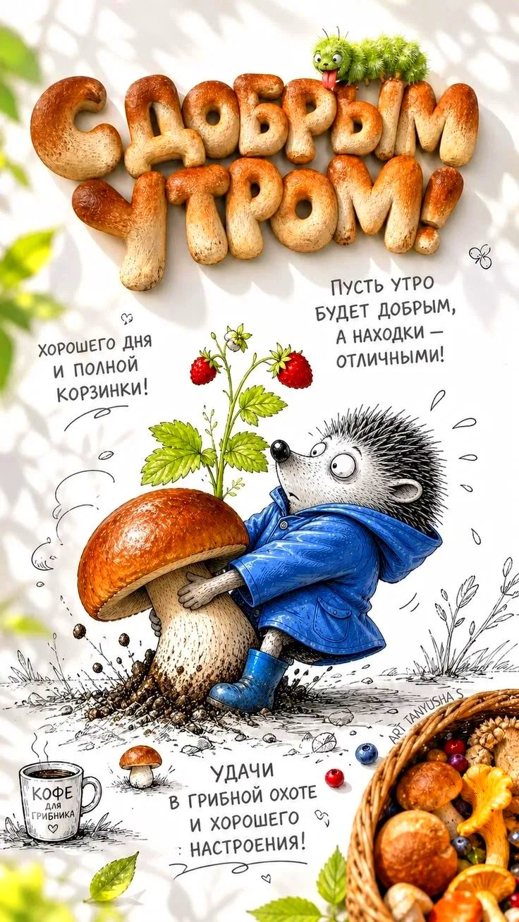 С ДОБРЫМ УТРОМ! Пусть утро будет добрым, а находки — отличными! хорошего дня и полной корзинки! КОФЕ ДЛЯ ГРИБНИКА УДАЧИ В ГРИБНОЙ ОХОТЕ И ХОРОШЕГО НАСТРОЕНИЯ! ART TANYUSHA S