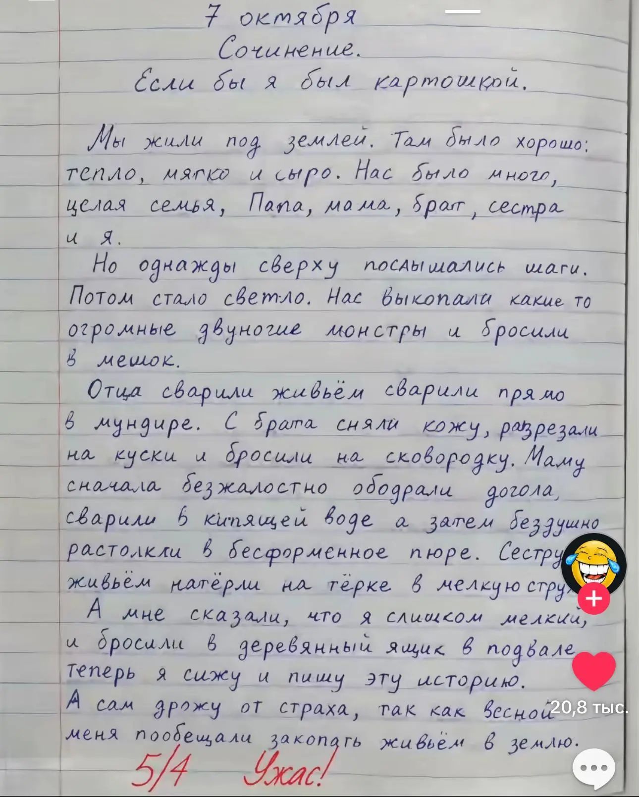7 октября Сочинение. Если бы я был картошкой. Мы жили под землей. Там было хорошо: тепло, мягко и сыро. Нас было много, целая семья, папа, мама, брат, сестра и я. Но однажды сверху послышались шаги. Потом стало светло. Нас выкопали какие то огромные двуногие монстры и бросили в мешок. Отца сварили живём сварили прямо в мундире. С брата сняли кожу,
