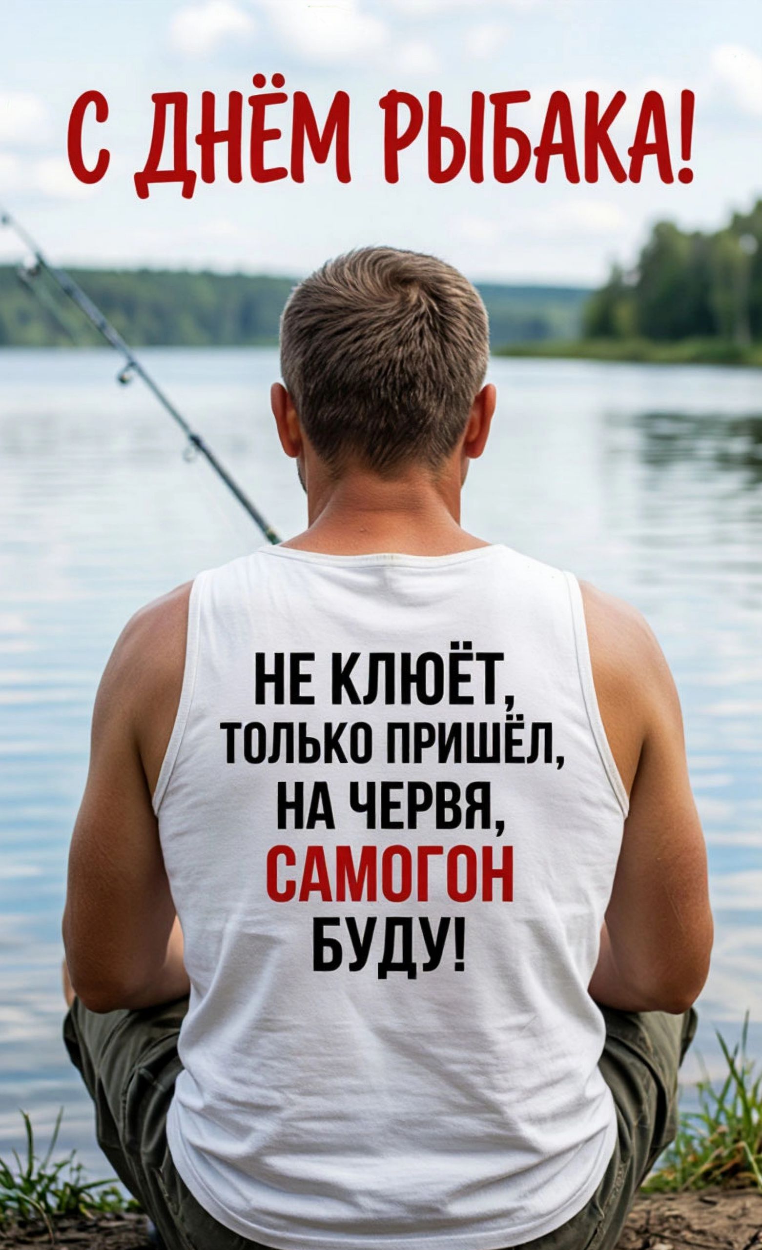 С ДНЁМ РЫБАКА! НЕ КЛЮЁТ, ТОЛЬКО ПРИШЁЛ, НА ЧЕРВЯ, САМОГОН БУДУ!