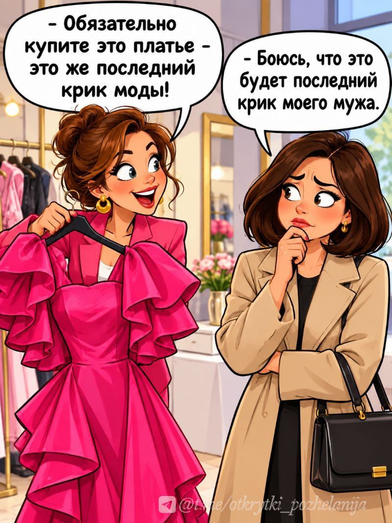 - Обязательно купите это платье - это же последний крик моды! - Боюсь, что это будет последний крик моего мужа.