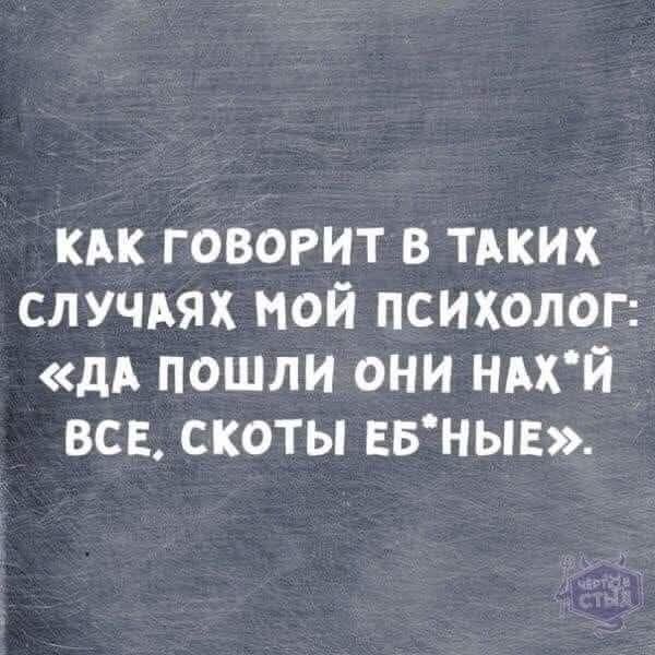 КАК ГОВОРИТ В ТАКИХ СЛУЧАЯХ МОЙ ПСИХОЛОГ: «ДА ПОШЛИ ОНИ НАХ*Й ВСЕ, СКОТЫ ЕБ*НЫЕ».