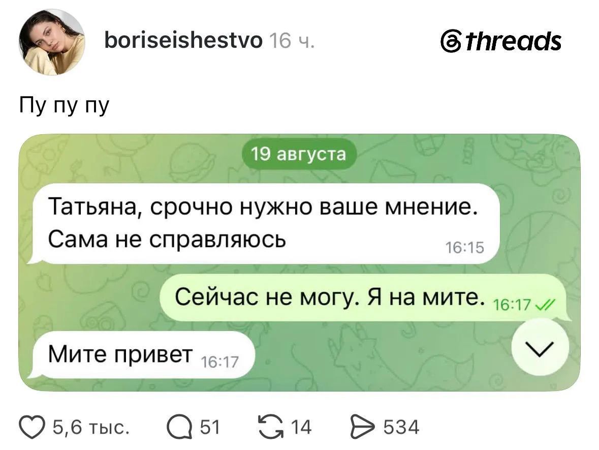boriseishestvo 16 ч. Пу пу пу 19 августа Татьяна, срочно нужно ваше мнение. Сама не справляюсь 16:15 Сейчас не могу. Я на мите. 16:17 Мите привет 16:17