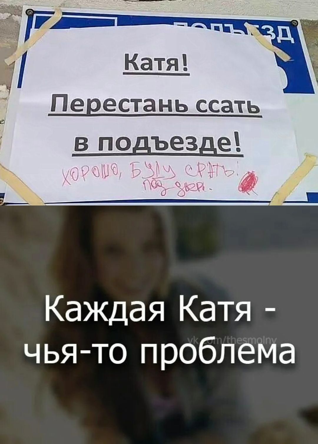 Катя! Перестань ссать в подъезде! Хорошо, буду срать под дверь. Каждая Катя - чья-то проблема