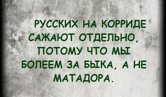 РУССКИХ НА КОРРИДЕ САЖАЮТ ОТДЕЛЬНО, ПОТОМУ ЧТО МЫ БОЛЕЕМ ЗА БЫКА, А НЕ МАТАДОРА.