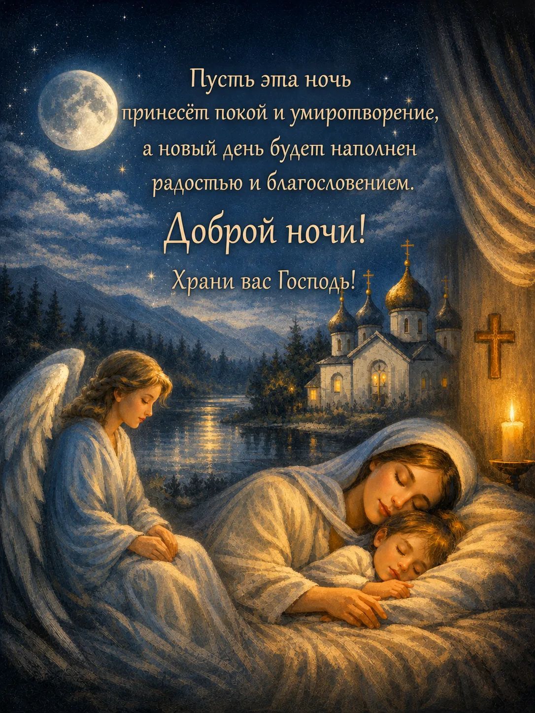 Пусть эта ночь принесёт покой и умиротворение, а новый день будет наполнен радостью и благословением. Доброй ночи! Храни вас Господь!
