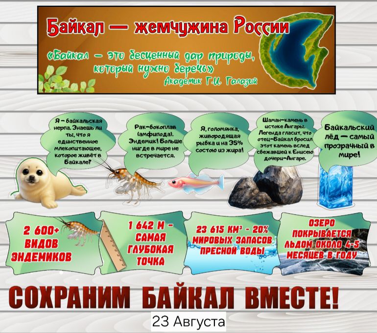 Байкал — жемчужина России. Байкал — это бесценный дар природы, который нужно беречь. Академик Г.И. Галазий. Я — байкальская нерпа. Знаешь ли ты, что я единственное млекопитающее, которое живёт в Байкале? Рак-бокоплав (амфипода). Эндемик! Больше нигде в мире не встречается. Я, голомянка, живородящая рыбка и на 35% состою из жира! Шаман-камень в