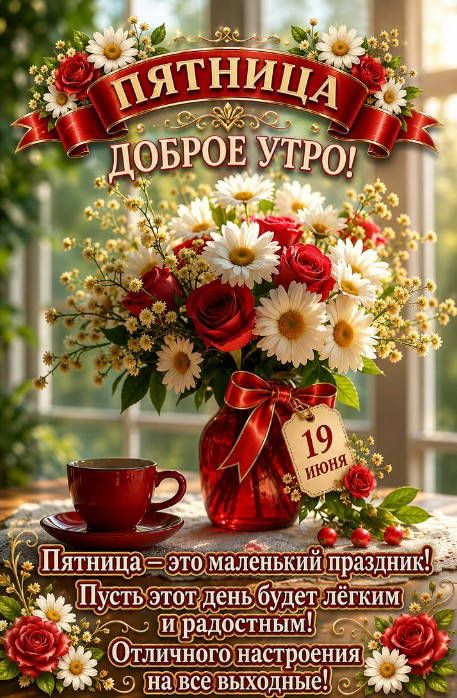 ПЯТНИЦА ДОБРОЕ УТРО! 19 ИЮНЯ Пятница — это маленький праздник! Пусть этот день будет лёгким и радостным! Отличного настроения на все выходные!
