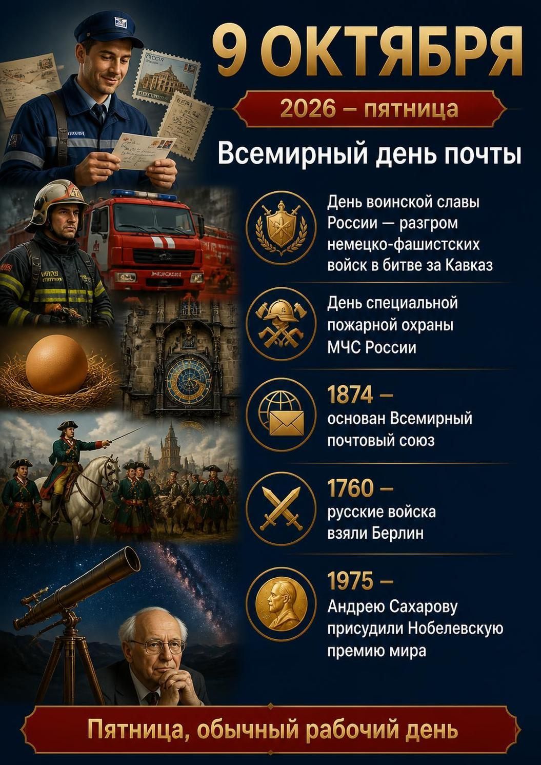 9 ОКТЯБРЯ 2026 – пятница Всемирный день почты День воинской славы России – разгром немецко-фашистских войск в битве за Кавказ День специальной пожарной охраны МЧС России 1874 – основан Всемирный почтовый союз 1760 – русские войска взяли Берлин 1975 – Андрею Сахарову присудили Нобелевскую премию мира Пятница, обычный рабочий день