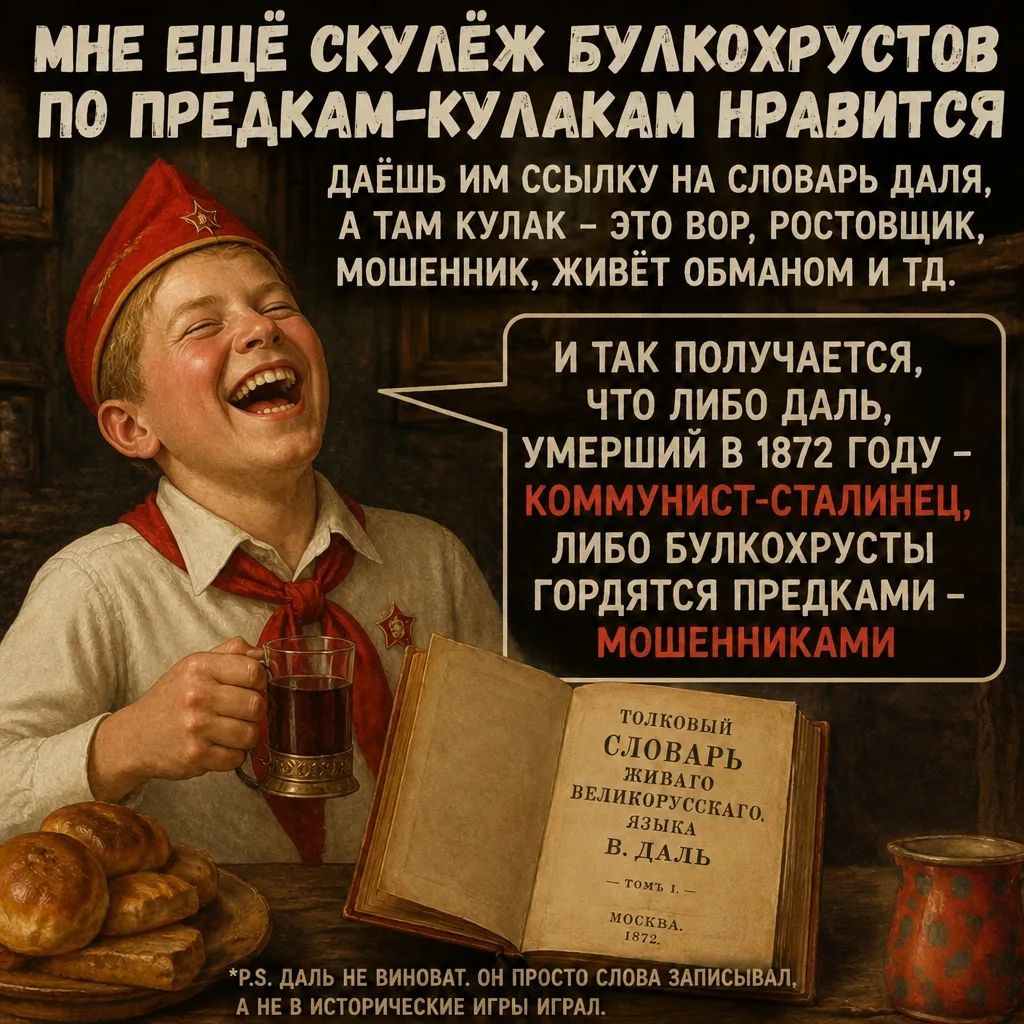 МНЕ ЕЩЁ СКУЛЁЖ БУЛКОХРУСТОВ ПО ПРЕДКАМ-КУЛАКАМ НРАВИТСЯ. ДАЁШЬ ИМ ССЫЛКУ НА СЛОВАРЬ ДАЛЯ, А ТАМ КУЛАК – ЭТО ВОР, РОСТОВЩИК, МОШЕННИК, ЖИВЁТ ОБМАНОМ И ТД. И ТАК ПОЛУЧАЕТСЯ, ЧТО ЛИБО ДАЛЬ, УМЕРШИЙ В 1872 ГОДУ – КОММУНИСТ-СТАЛИНЕЦ, ЛИБО БУЛКОХРУСТЫ ГОРДЯТСЯ ПРЕДКАМИ – МОШЕННИКАМИ. *P.S. ДАЛЬ НЕ ВИНОВАТ. ОН ПРОСТО СЛОВА ЗАПИСЫВАЛ, А НЕ В ИСТОРИЧЕСКИЕ