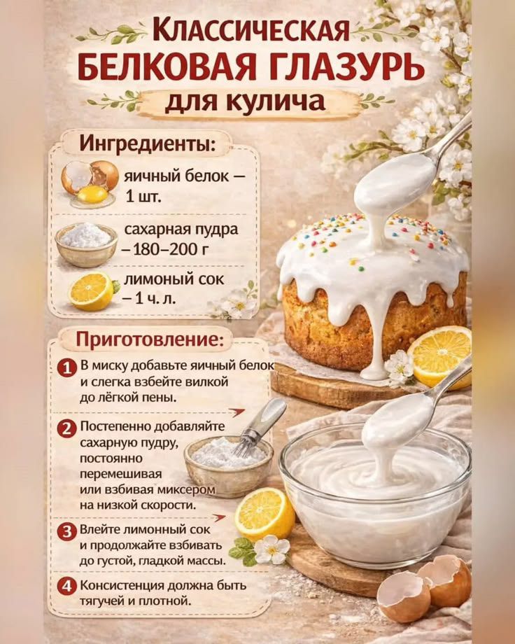 КЛАССИЧЕСКАЯ БЕЛКОВАЯ ГЛАЗУРЬ для кулича Ингредиенты: яичный белок – 1 шт. сахарная пудра – 180-200 г лимонный сок – 1 ч. л. Приготовление: 1 В миску добавьте яичный белок и слегка взбейте вилкой до лёгкой пены. 2 Постепенно добавляйте сахарную пудру, постоянно перемешивая или взбивая миксером на низкой скорости. 3 Влейте лимонный сок и