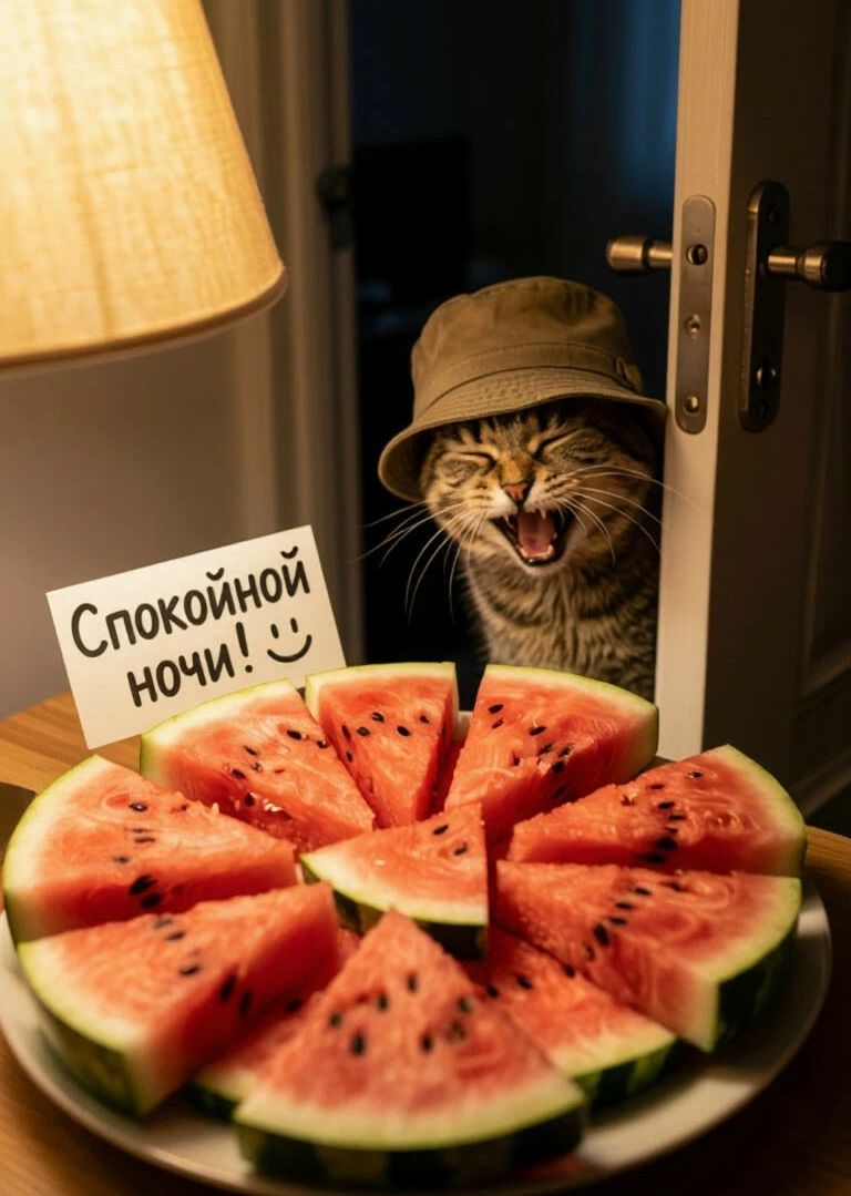Спокойной ночи! Кот в шляпе выглядывает из-за двери, зевает или громко мяукает, рядом тарелка с арбузом.
