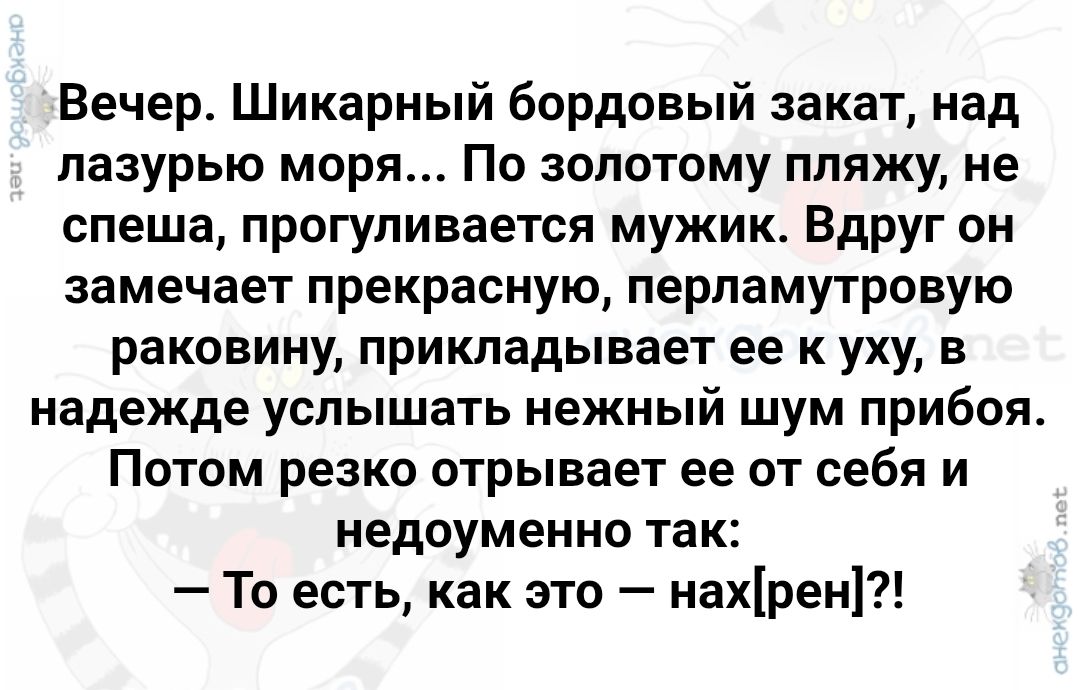 Вечер. Шикарный бордовый закат, над лазурью моря... По золотому пляжу, не спеша, прогуливается мужик. Вдруг он замечает прекрасную, перламутровую раковину, прикладывает ее к уху, в надежде услышать нежный шум прибоя. Потом резко отрывает ее от себя и недоуменно так: — То есть, как это — нах[рен]?!