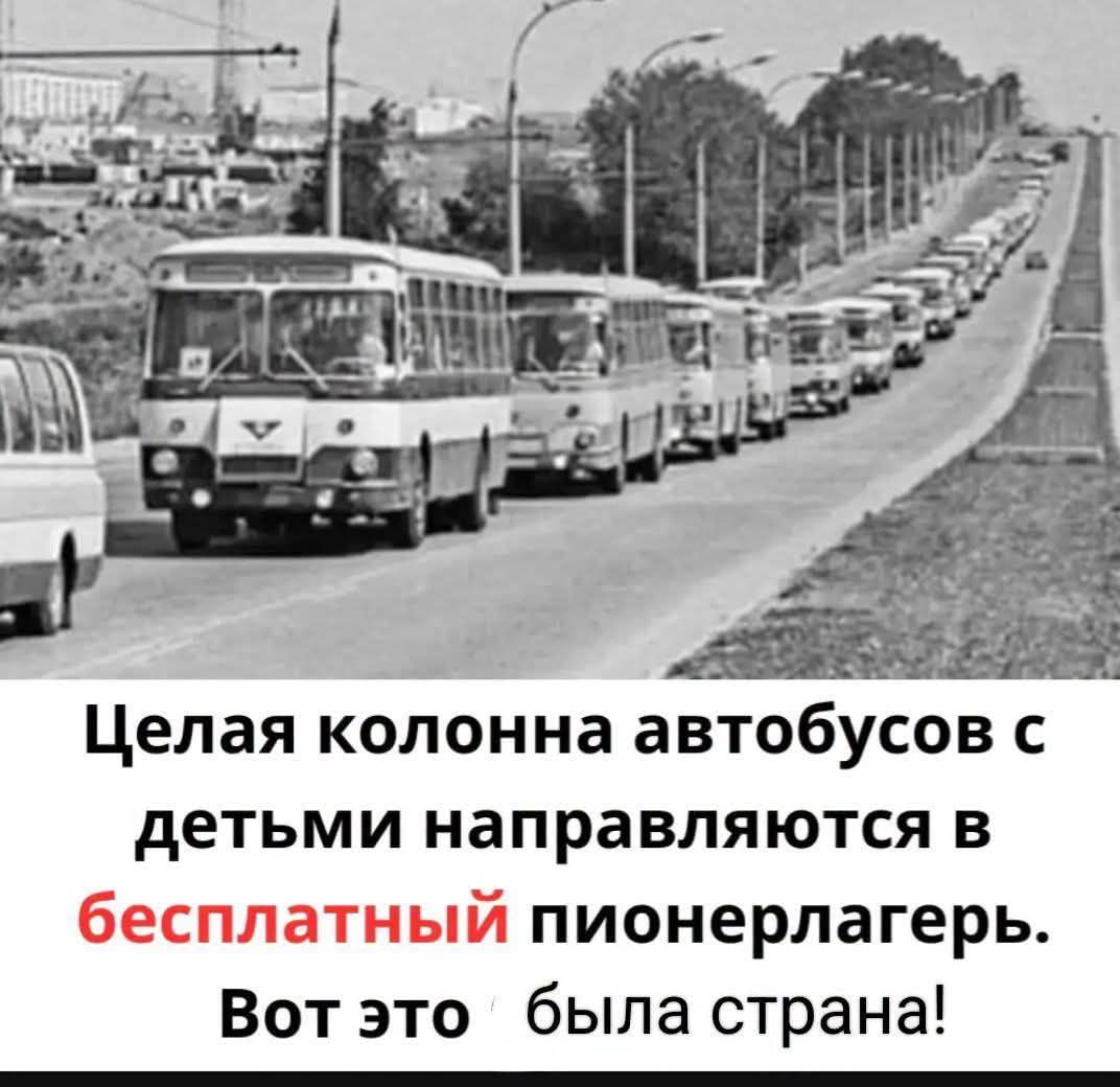 Целая колонна автобусов с детьми направляются в бесплатный пионерлагерь. Вот это была страна!
