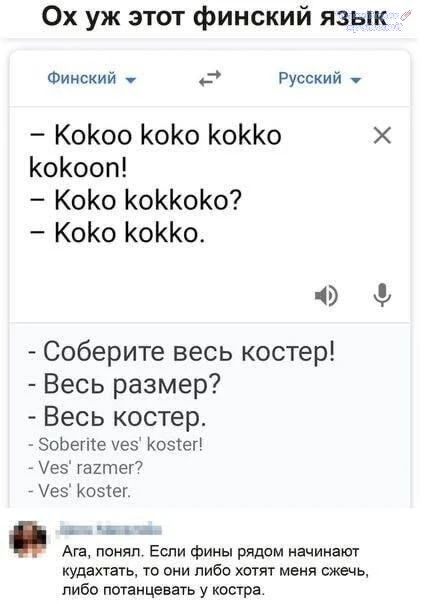 Ох уж этот финский язык. Kokoo koko kokko kokoon! Koko kokkoko? Koko kokko. Соберите весь костер! Весь размер? Весь костер. Ага, понял. Если фины рядом начинают кудахтать, то они либо хотят меня сжечь, либо потанцевать у костра.
