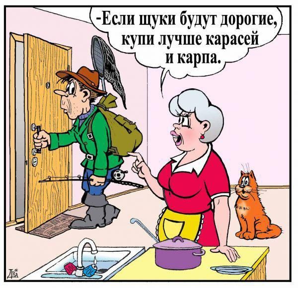 -Если щуки будут дорогие, купи лучше карасей и карпа.