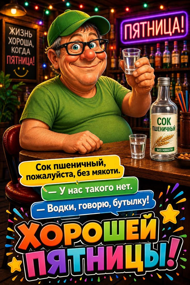 ЖИЗНЬ ХОРОША, КОГДА ПЯТНИЦА! ПЯТНИЦА! СОК ПШЕНИЧНЫЙ БЕЗ МЯКОТИ. Сок пшеничный, пожалуйста, без мякоти. — У нас такого нет. — Водки, говорю, бутылку! ХОРОШЕЙ ПЯТНИЦЫ!