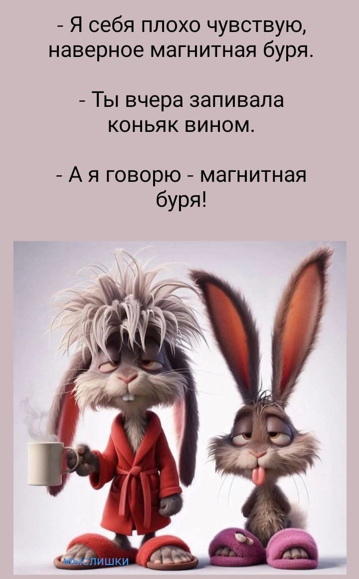 Я себя плохо чувствую, наверное магнитная буря. Ты вчера запивала коньяк вином. А я говорю - магнитная буря!