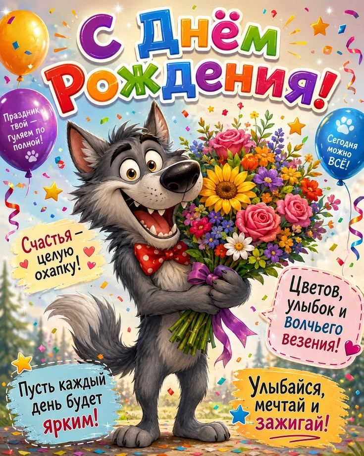 С Днём Рождения! Праздник твой — гуляем по полной! Сегодня можно ВСЁ! Счастья — целую охапку! Цветов, улыбок и волчьего везения! Пусть каждый день будет ярким! Улыбайся, мечтай и зажигай!