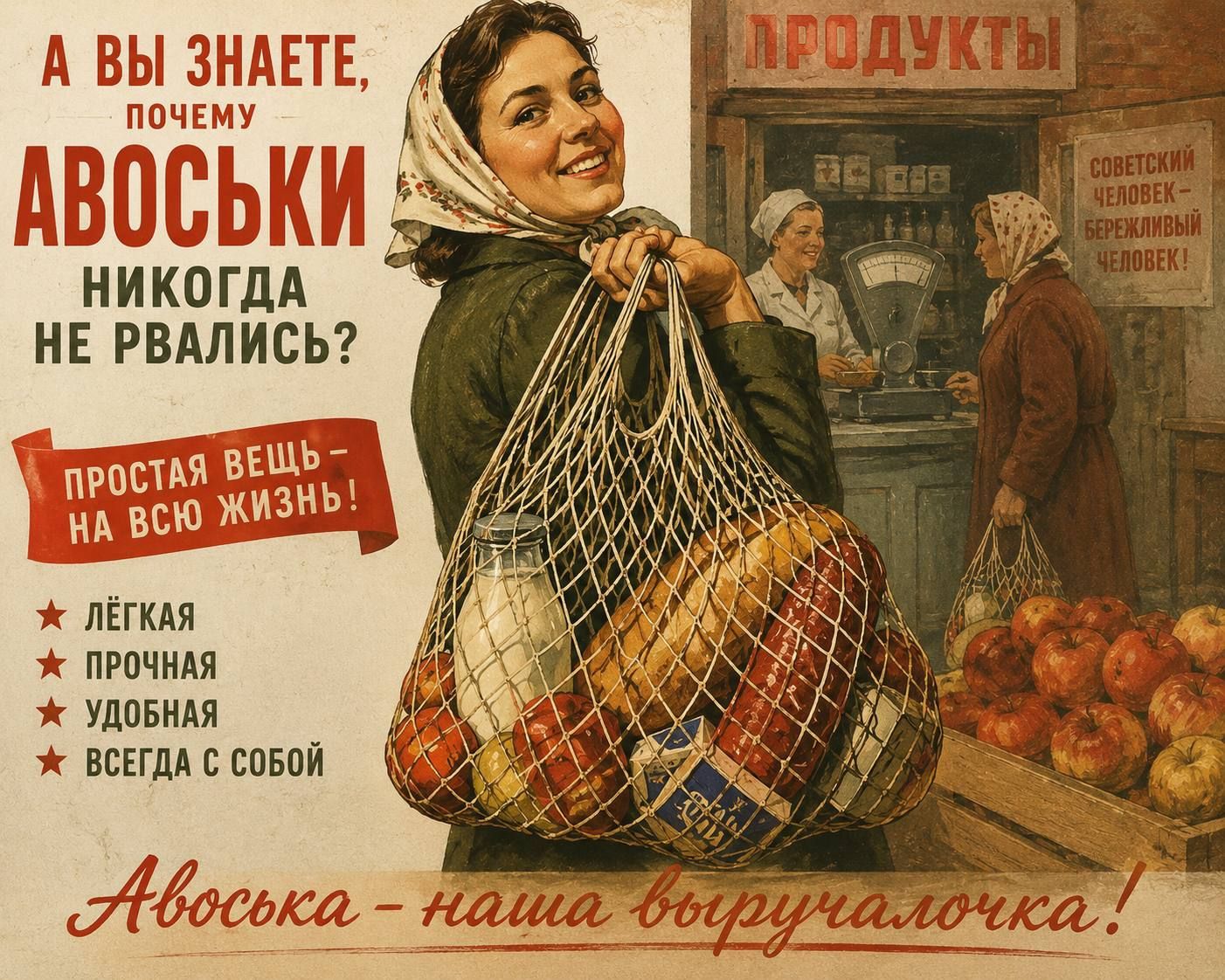 А вы знаете, почему авоськи никогда не рвались? Простая вещь – на всю жизнь! Легкая, прочная, удобная, всегда с собой. Авоська – наша выручалочка! Продукты. Советский человек – бережливый человек!