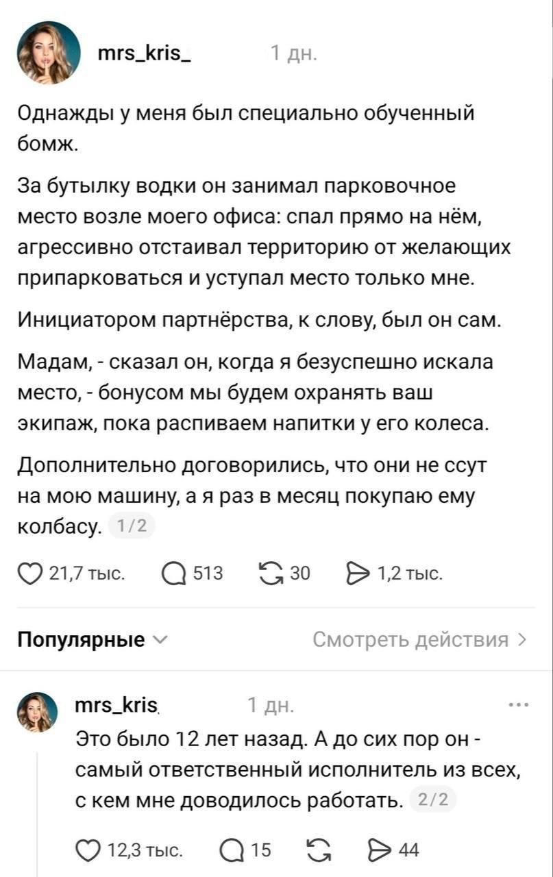 Однажды у меня был специально обученный бомж. За бутылку водки он занимал парковочное место возле моего офиса: спал прямо на нём, агрессивно отстаивал территорию от желающих припарковаться и уступал место только мне. Инициатором партнёрства, к слову, был он сам. Мадам, - сказал он, когда я безуспешно искала место, - бонусом мы будем охранять ваш