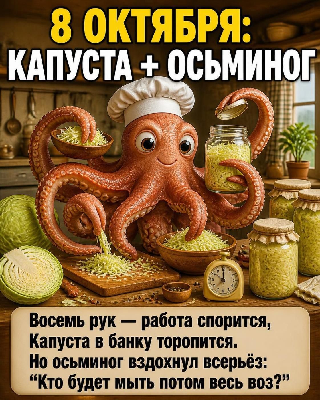 8 ОКТЯБРЯ: КАПУСТА + ОСЬМИНОГ Восемь рук — работа спорится, Капуста в банку торопится. Но осьминог вздохнул всерьёз: 