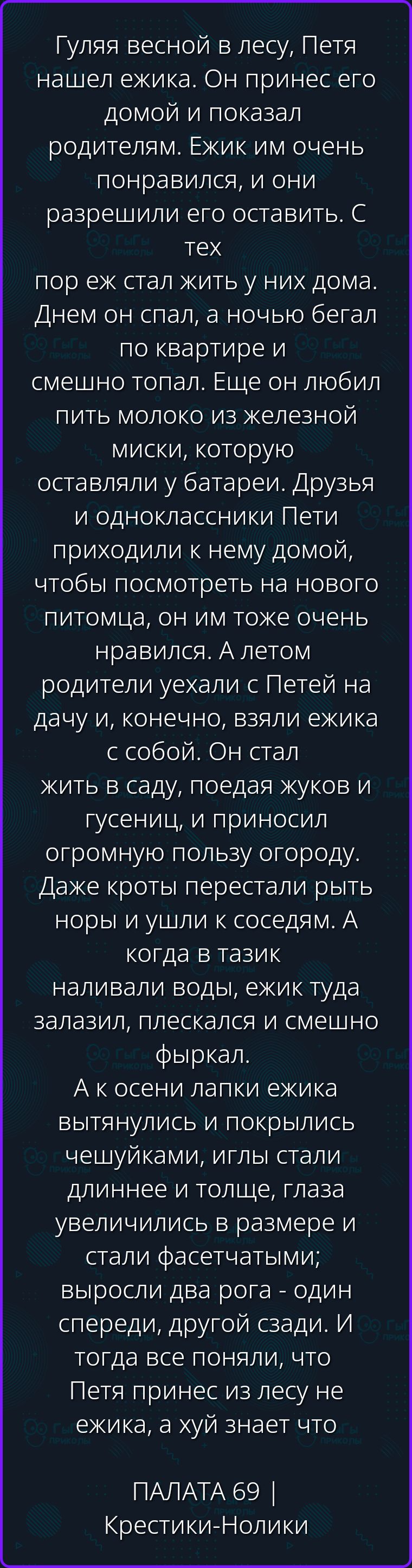 Гуляя весной в лесу, Петя нашел ежика. Он принес его домой и показал родителям. Ежик им очень понравился, и они разрешили его оставить. С тех пор еж стал жить у них дома. Днем он спал, а ночью бегал по квартире и смешно топал. Еще он любил пить молоко из железной миски, которую оставляли у батареи. Друзья и одноклассники Пети приходили к нему