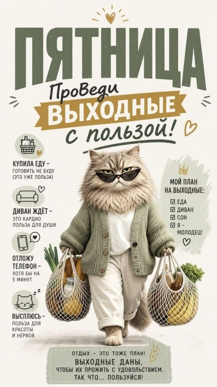 ПЯТНИЦА Проведи ВЫХОДНЫЕ с пользой! КУПИЛА ЕДУ - ГОТОВИТЬ НЕ БУДУ (ЭТО УЖЕ ПОЛЬЗА). ДИВАН ЖДЁТ - ЭТО КАРДИО ПОЛЬЗА ДЛЯ ДУШИ. ОТЛОЖУ ТЕЛЕФОН - ХОТЯ БЫ НА 5 МИНУТ. ВЫСПЛЮСЬ - ПОЛЬЗА ДЛЯ КРАСОТЫ И НЕРВОВ. МОЙ ПЛАН НА ВЫХОДНЫЕ: ЕДА, ДИВАН, СОН, Я - МОЛОДЕЦ! ОТДЫХ - ЭТО ТОЖЕ ПЛАН! ВЫХОДНЫЕ ДАНЫ, ЧТОБЫ ИХ ПРОЖИТЬ С УДОВОЛЬСТВИЕМ. ТАК ЧТО... ПОЛЬЗУЙСЯ!