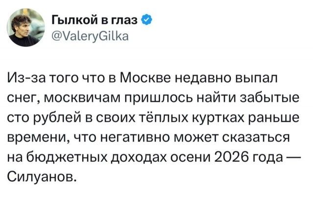 ГЫЛКОЙ В ГЛАЗ @ValeryGilka
Из-за того что в Москве недавно выпал снег, москвичам пришлось найти забытые сто рублей в своих тёплых куртках раньше времени, что негативно может сказаться на бюджетных доходах осени 2026 года — Силуанов.