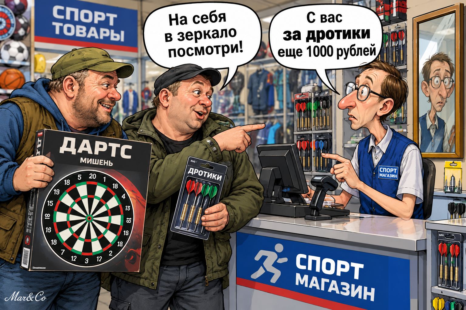СПОРТ ТОВАРЫ. ДАРТС МИШЕНЬ. ДРОТИКИ. СПОРТ МАГАЗИН. На себя в зеркало посмотри! С вас за дротики еще 1000 рублей. Mar & Co