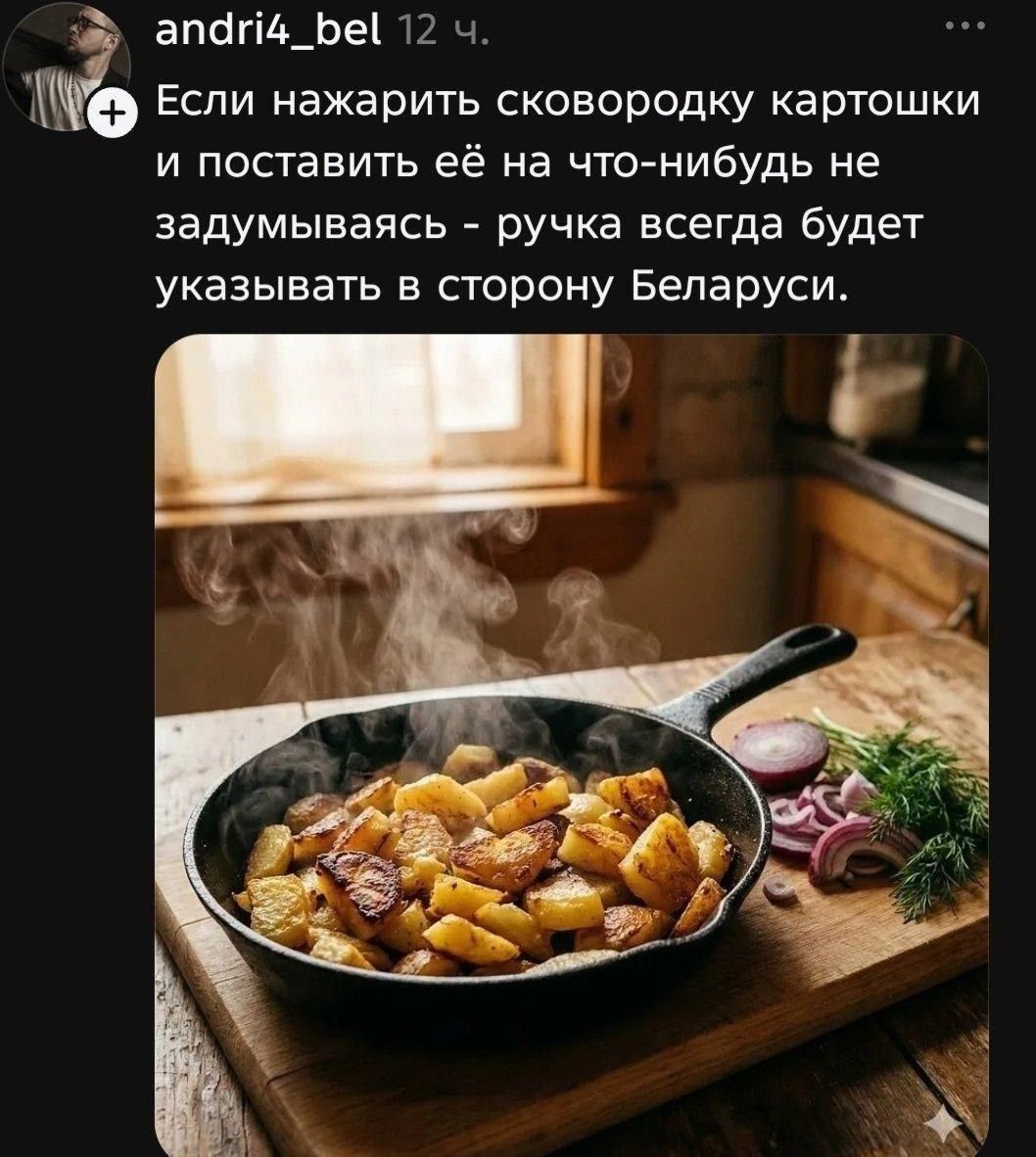 andri4_bel Если нажарить сковородку картошки и поставить её на что-нибудь не задумываясь - ручка всегда будет указывать в сторону Беларуси.