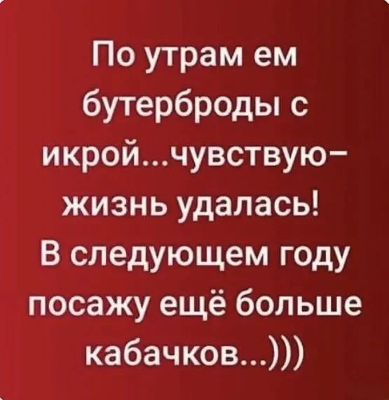 По утрам ем бутерброды с икрой... чувствую — жизнь удалась! В следующем году посажу ещё больше кабачков...)))