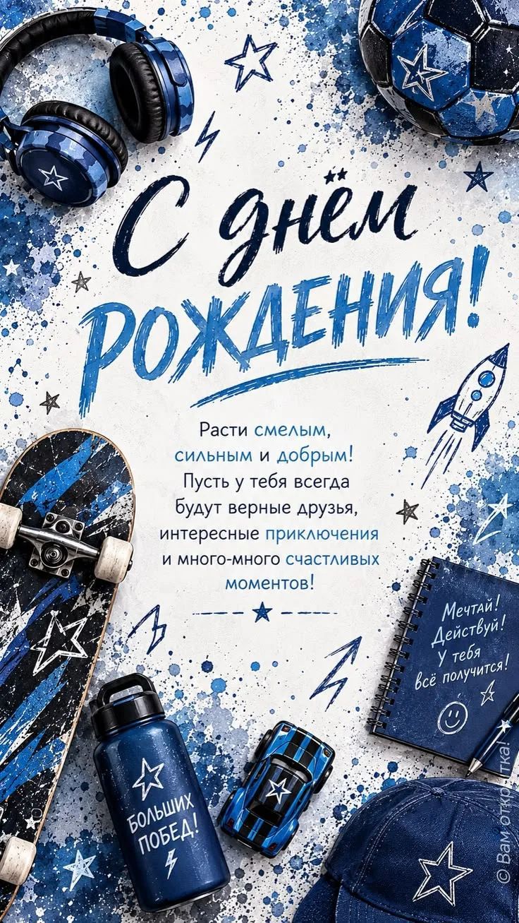 С днём рождения! Расти смелым, сильным и добрым! Пусть у тебя всегда будут верные друзья, интересные приключения и много-много счастливых моментов! Мечтай! Действуй! У тебя всё получится! Больших побед!